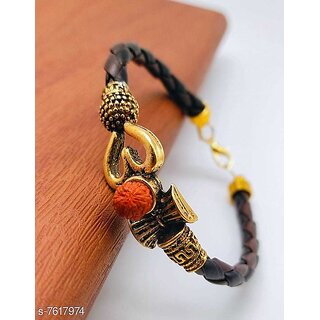 Shiv Trishul Damru Metal  Leather Bracelet For Mens - Bangles & Bracelets | Buy online on ZillyBuy
