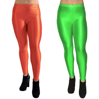homeshop shiny lycra leggings for women and girls pack of 2 parrot green orange