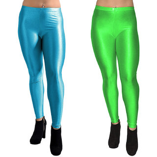 homeshop shiny lycra leggings for women and girls pack of 2 parrot green skyblue