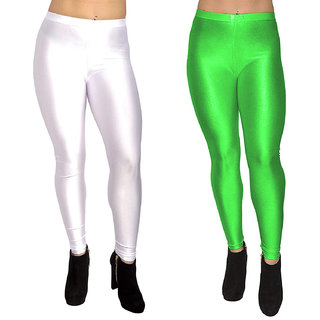 homeshop shiny lycra leggings for women and girls pack of 2 white parrot green