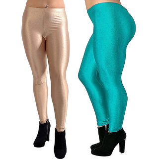 homeshop shiny lycra leggings for women and girls pack of 2 green gold