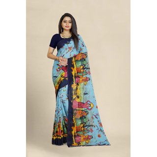 Sharda Creation Blue Georgette Printed Saree With Blouse - Sarees | Buy online on ZillyBuy