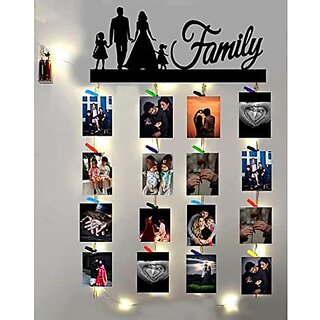 Khush Its Amazing Home Decor Wood Family With Led Light Hanging Photo Display, DIY Picture Photo Frame Collage Set Includes Multi colour Clips