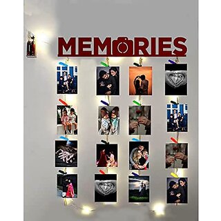 Khush Its Amazing Home Decor Wood Maroon Memories With LED Light Hanging Photo Display, DIY Picture Photo Frame Collage Set Includes Multi colour Clips
