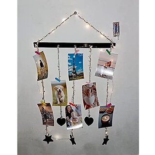 Khush Its Amazing Home Decor Wall Hanging Hand Made Black Stick With Star, Heart And LED Light Photo Display DIY Picture Photo Frame Collage Set Includes Multi colour Clips
