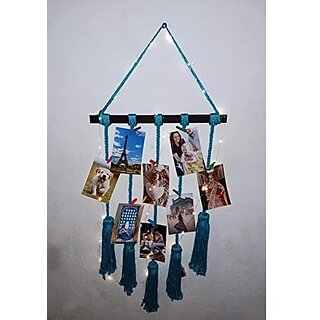 Khush Its Amazing Home Decor Wall Hanging Hand Made Black Stick With Macrame Blue 5 Line Rope And LED Light Photo Display , DIY Picture Photo Frame Collage Set Includes Multi colour Clips