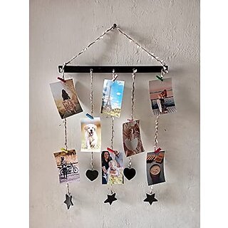 Khush Its Amazing Home Decor Wall Hanging Hand Made Black Stick With Star And Heart Photo Display , DIY Picture Photo Frame Collage Set Includes Multi colour Clips