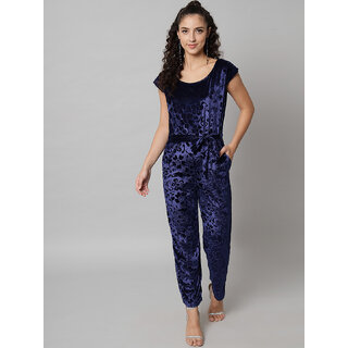 Vivient Blue Printed Velvet jumpsuite - Dungarees & Jumpsuits | Buy online on ZillyBuy