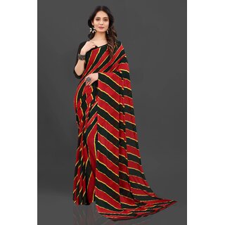 Red Colour Stripped Pure Georgette Printed Saree With Blouse Piece - Sarees | Buy online on ZillyBuy