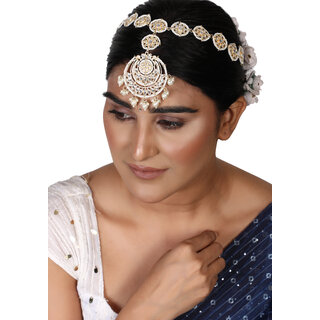 pachi kundan pearl latest designer matha patti with tikka sheeshphool hair accessories