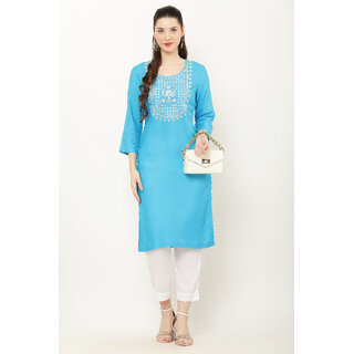 Vivient Women Sky Blue Embroidered Kurti with White Pant - Kurtas & Kurta Sets | Buy online on ZillyBuy