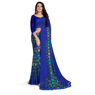 SVB Sarees Womens Blue Colour Georgette Printed Saree With Blouse Piece - Sarees | Buy online on ZillyBuy