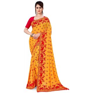 SVB Sarees Womens Yellow And Red Colour Animal Printed Saree With Blouse Piece - Sarees | Buy online on ZillyBuy