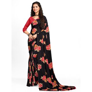 SVB Sarees Womens Black Colour Floral Georgette Printed Saree With Blouse