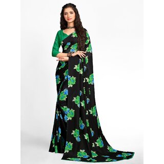 SVB Sarees Womens Black Colour Floral Georgette Printed Saree With Blouse - Sarees | Buy online on ZillyBuy