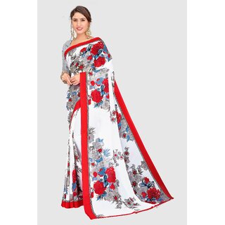 SVB Sarees Womens White And Red Colour Floral Printed Georgette Saree - Sarees | Buy online on ZillyBuy