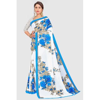 SVB Sarees Womens White And Blue Colour Floral Printed Georgette Saree - Sarees | Buy online on ZillyBuy