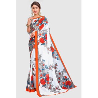 SVB Sarees Womens White And Orange Colour Floral Printed Georgette Saree - Sarees | Buy online on ZillyBuy