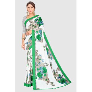 SVB Sarees Womens White And Green Colour Floral Printed Georgette Saree - Sarees | Buy online on ZillyBuy