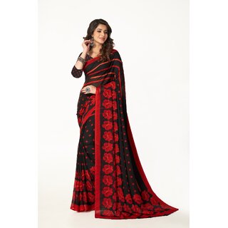 SVB Sarees Womens Black And Red Pure Georgette Printed Saree With Blouse Piece - Sarees | Buy online on ZillyBuy