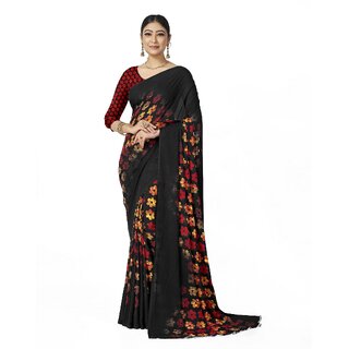 SVB Sarees Womens Black Colour Floral Printed Georgette Saree With Blouse Piece - Sarees | Buy online on ZillyBuy