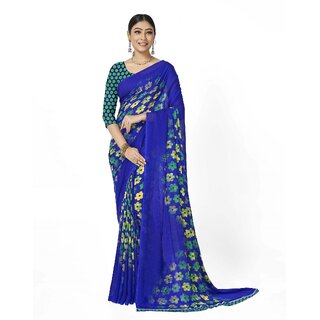SVB Sarees Womens Blue Colour Floral Printed Georgette Saree With Blouse Piece - Sarees | Buy online on ZillyBuy