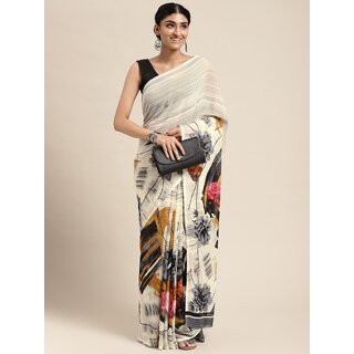 SVB Sarees Womens Cream Abstract Printed Georgette Saree With Blouse Piece - Sarees | Buy online on ZillyBuy