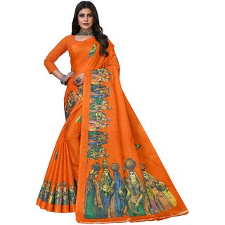 SVB Sarees Womens Orange Animal Printed Art Silk Saree - Sarees | Buy online on ZillyBuy