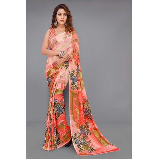 SVB Sarees Womens Peach Colour Floral Printed Saree With Blouse Piece - Sarees | Buy online on ZillyBuy