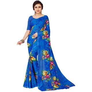 SVB Sarees Womens Blue Colour Georgette Printed Saree With Blouse Piece - Sarees | Buy online on ZillyBuy