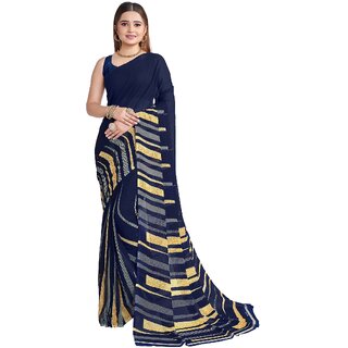 SVB Sarees Womens Navy Blue Abstract Printed Georgette Saree With Blouse Piece - Sarees | Buy online on ZillyBuy