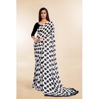 SVB Sarees Womens White Colour Polka Dot Printed Saree With Blouse Piece - Sarees | Buy online on ZillyBuy