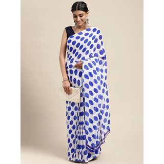 SVB Sarees Womens White And Blue Colour Polka Dot Printed Saree With Blouse Piece - Sarees | Buy online on ZillyBuy