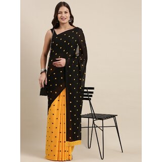SVB Sarees Womens Yellow And Black Colour Polka Dot Printed Saree With Blouse Piece - Sarees | Buy online on ZillyBuy
