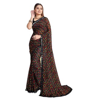 SVB Sarees Womens Black Colour Floral Printed Georgette Saree White Lace Border - Sarees | Buy online on ZillyBuy