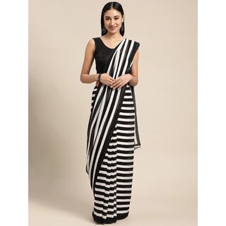 SVB Sarees Womens Black Colour Stripped Pure Georgette Printed Saree With Blouse Piece - Sarees | Buy online on ZillyBuy
