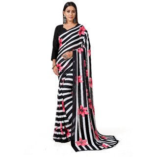 SVB Sarees Womens Black Colour Stripped Pure Georgette Flower Printed Saree With Blouse Piece - Sarees | Buy online on ZillyBuy
