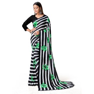SVB Sarees Womens Black Colour Stripped Pure Georgette Flower Printed Saree With Blouse Piece - Sarees | Buy online on ZillyBuy