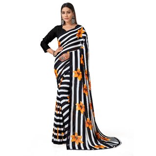 SVB Sarees Womens Black Colour Stripped Pure Georgette Flower Printed Saree With Blouse Piece - Sarees | Buy online on ZillyBuy