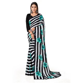 SVB Sarees Womens Black Colour Stripped Pure Georgette Flower Printed Saree With Blouse Piece - Sarees | Buy online on ZillyBuy