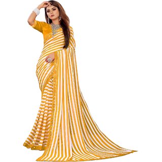 SVB Sarees Womens Yellow Colour Stripped Pure Georgette Printed Saree With Lace Border - Sarees | Buy online on ZillyBuy