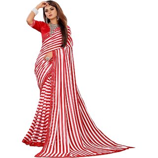 SVB Sarees Womens Red Colour Stripped Pure Georgette Printed Saree With Lace Border - Sarees | Buy online on ZillyBuy