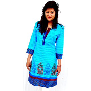 The Mini Needle Blue Cotton Floral Stitched Kurti For Women - Kurtas & Kurta Sets | Buy online on ZillyBuy