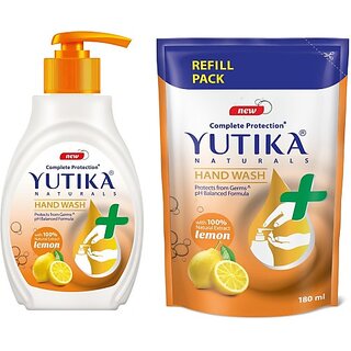 Yutika Naturals Complete Protection Lemon Hand Wash 100% Natural Extract Liquid Soap Pump, 200ml With 180ml Liquid Hand Wash Pump + Refill (380 ml)