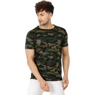 Leotude Men Olive Camouflage Cotton Blend Casual T-Shirt