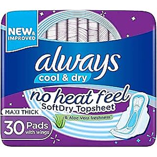 Always Cool  Dry, No Heat Feel, Maxi Thick, Large Sanitary Pads With Wings, 30 Pad Count