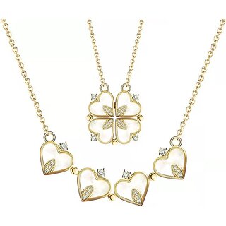four leaf clover necklace with love heart magnetic charm necklace gold plated stainless steel pendant set