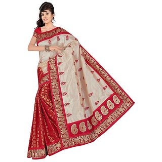 Sharda Creation Red  Beige Bhagalpuri Block Printed Saree - Sarees | Buy online on ZillyBuy