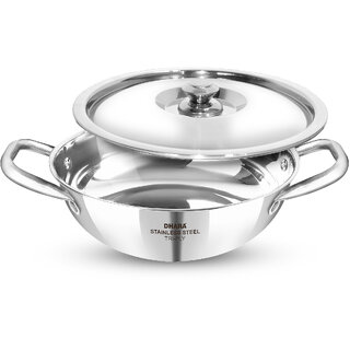 Dhara Stainless Steel Gas and Induction Compatible Triply Kadhai with Lid 1 Liter, 18 cm Dia, 2.5mm Thickness
