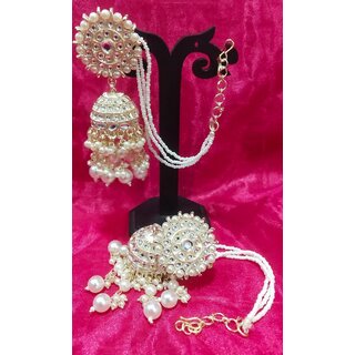 Pachi Kundan Precious Pearls Jhumka Earrings with Kaan Chain Set - Earrings | Buy online on ZillyBuy
